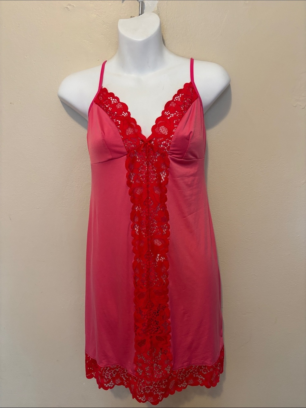Pink and Red Lace Trim Chemise - Women's Slip